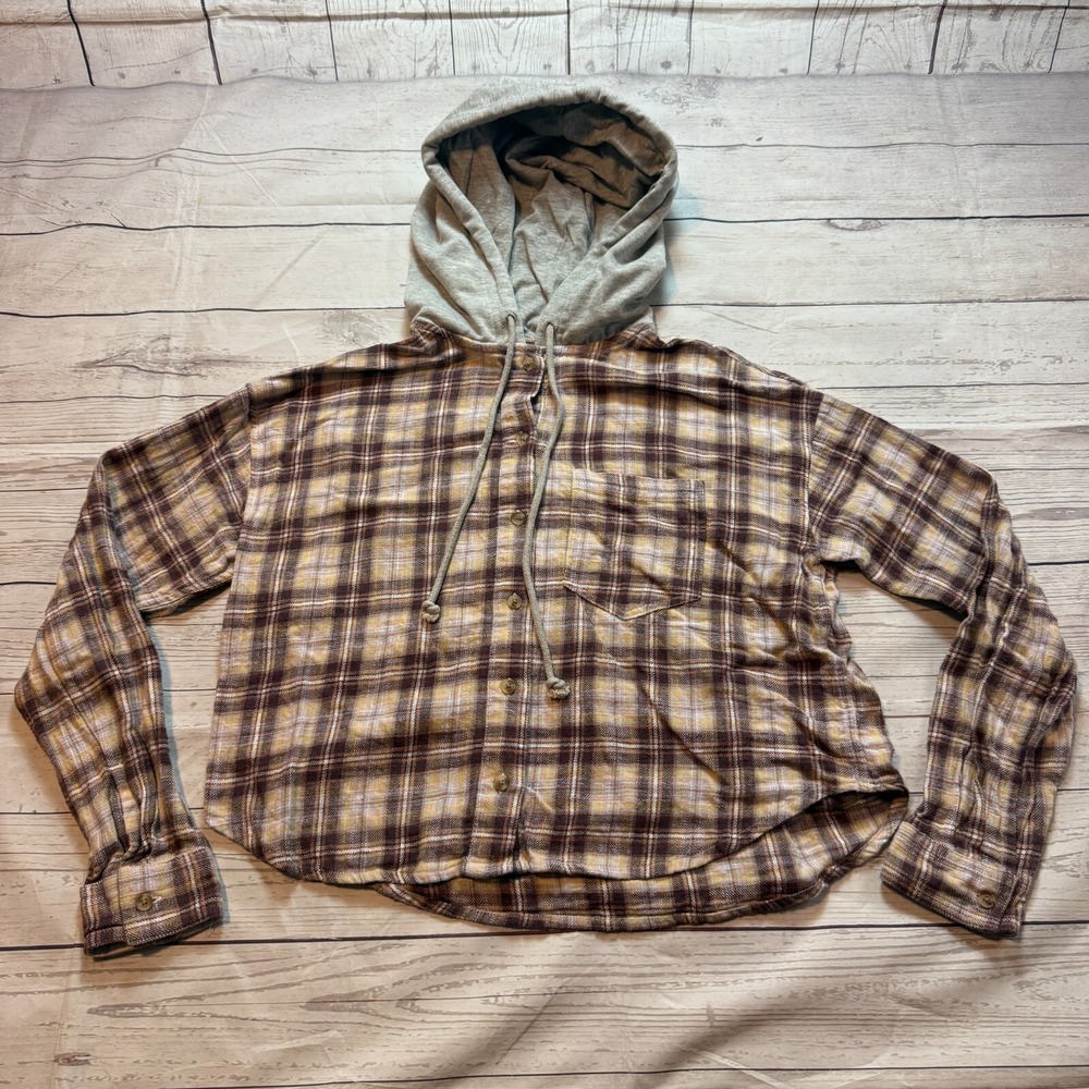 Aeropostale Crop Hoodie Brown White Plaid Long‎ Sleeve Women's Size XS